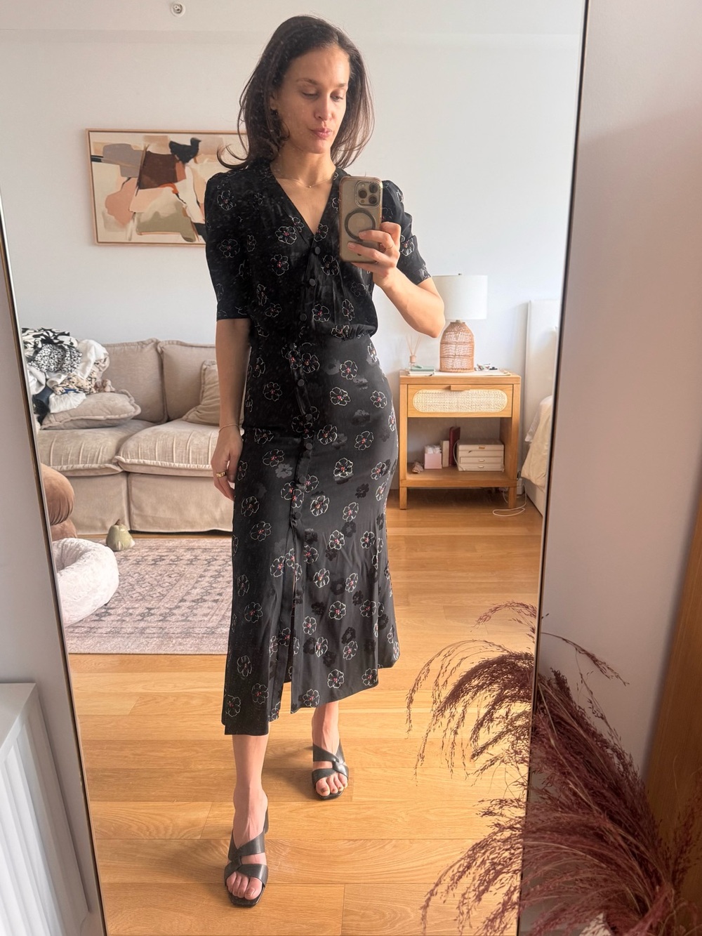 Veronica Beard Black Floral Silk Midi Dress